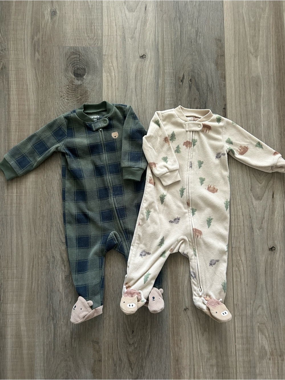 Carter's Green Plaid & Cream Animal Print Footed One-Pieces - Set of 2